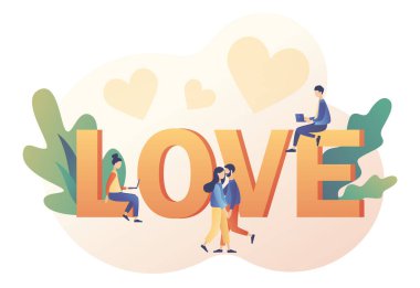 Aşık oldum. Büyük bir aşk yazısı olan küçük insanlar. Sevgi dolu çift kucaklaşması. Uzaktan aşk ilişkileri. Sevgililer Günü kutsaldır. Modern düz çizgi film tarzı. Beyaz arkaplanda vektör illüstrasyonu