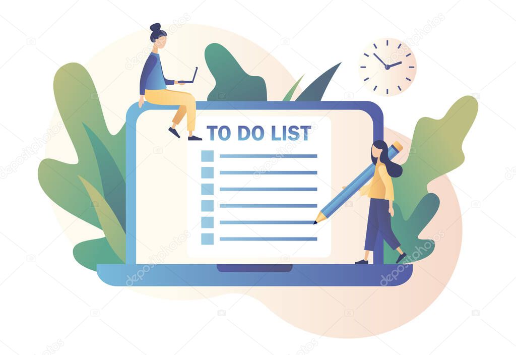 To Do List consept. Tiny people planning year, month, week. Notes online, diary, checklist, organizers and notebook pages. Modern flat cartoon style. Vector illustration on white background