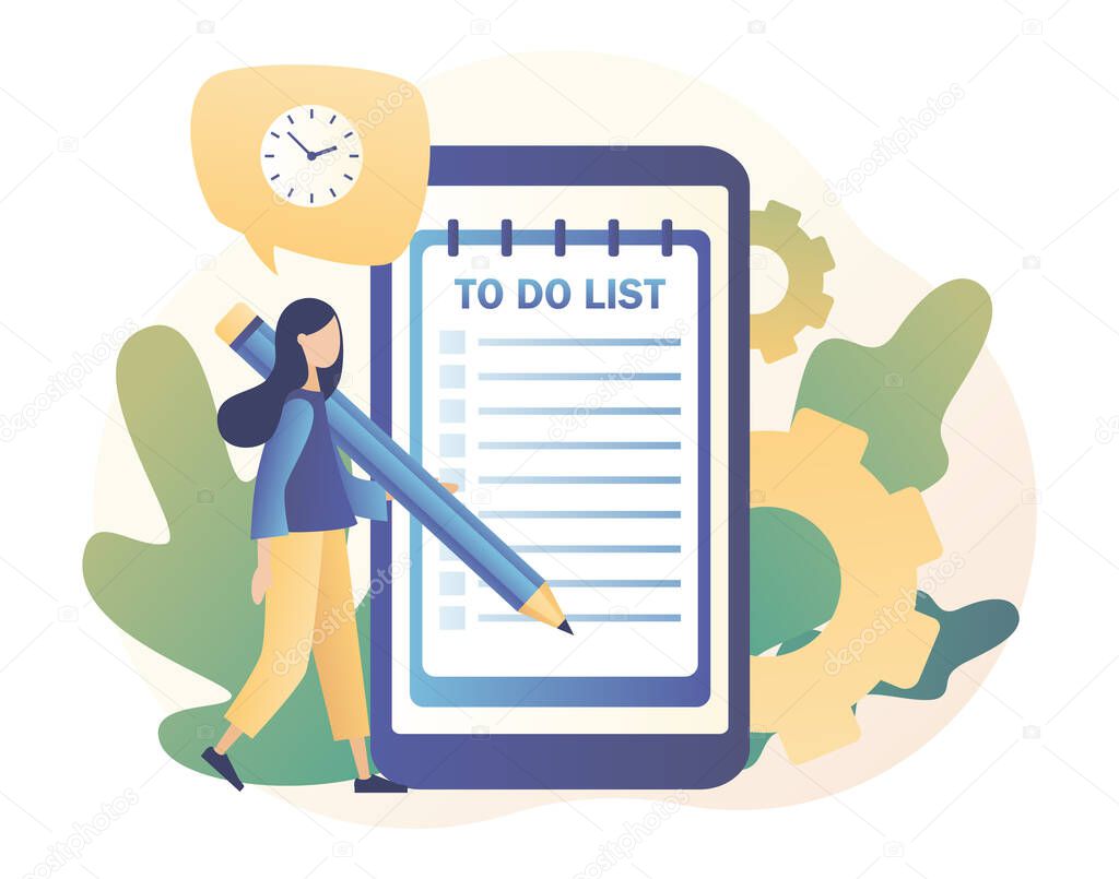 To Do List consept. Tiny girl planning year, month, week. Notes online, diary, checklist, organizers and notebook pages. Modern flat cartoon style. Vector illustration on white background