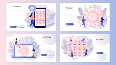 Astroloji bilim konsepti. Astrolojik tahmin. Zodiac, gök koordinat sistemi. Cep telefonu, iniş sayfası, şablon, ui, web, mobil uygulama, poster, afiş, el ilanı için ekran şablonu. Vektör