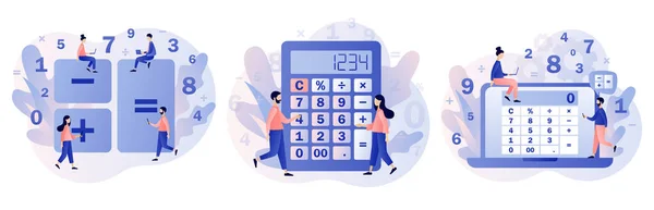 Hesap makinesi uygulaması. Hesapları olan küçük insanlar. Muhasebe, finansal analiz, muhasebe, bütçe hesapları, hesap denetimi ve kredi hesapları. Modern düz çizgi film tarzı. Vektör illüstrasyonu