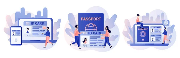 スマートIDカード。デジタルパスポートと運転免許証。電子身分証明書。生体認証資料だ。現代のフラット漫画スタイル。白い背景のベクトルイラスト — ストックベクタ