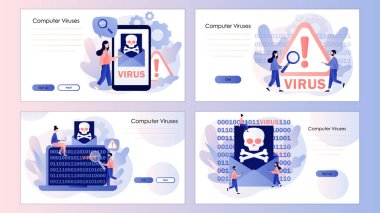 Bilgisayar virüsü kavramı. Hacker saldırısı ve ağ güvenliği. Dolandırıcılık alarmı. Cep telefonu, iniş sayfası, şablon, ui, web, mobil uygulama, poster, afiş, el ilanı için ekran şablonu. Vektör illüstrasyonu