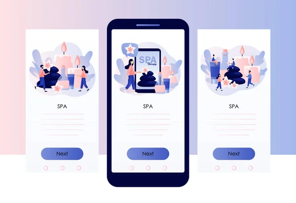Koncept lázeňské terapie. Malí lidé odpočívají. Kosmetická procedura, wellness procedura a péče o tělo. Šablona obrazovky pro mobilní chytrý telefon. Moderní plochý kreslený styl. Vektorová ilustrace — Stockový vektor