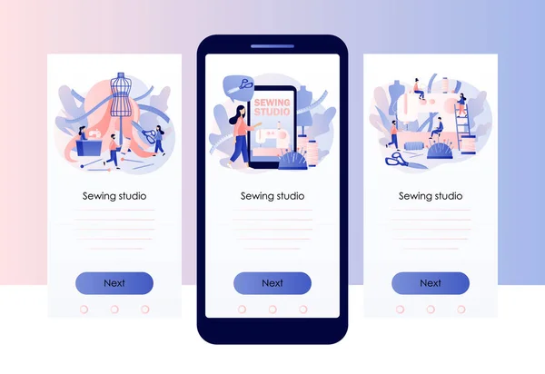 Концепція швейної студії. Крихітні люди-кравці створюють вбрання та одяг у майстерні або ательє. Шаблон екрана для мобільного смартфона. Сучасний стиль плоского мультфільму. Векторні ілюстрації — стоковий вектор