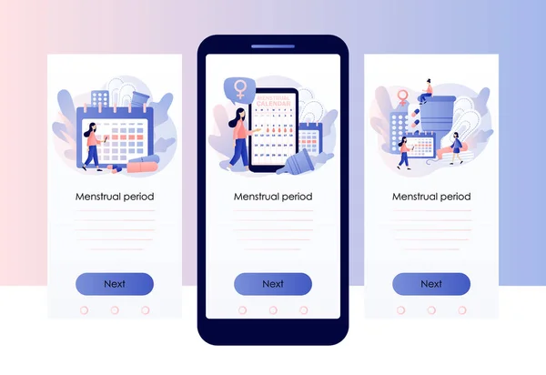 불안 기간 개념이야. 월간 달력, 월경 컵, 탐폰, 태블릿을 가진 작은 여성들. 휴대용 스마트폰 화면 템플릿. 현대의 평평 한 만화 스타일. 벡터 일러스트 — 스톡 벡터