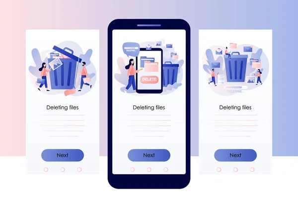 Удалить концепцию. Крошечные люди удаляют данные и перемещают ненужные файлы в мусорный бак. Шаблон экрана для мобильного смартфона. Современный плоский стиль мультфильмов. Векторная иллюстрация — стоковый вектор