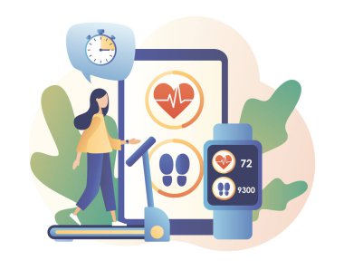 Fitness uygulaması ve Smartwatch uygulaması teknoloji konsepti. Küçük kızlar spor eğitimi alıyorlar. Koşu bandında koşan bir kadın. Aktif yaşam tarzı ve fitness eğitimi. Modern düz çizgi film tarzı. Vektör illüstrasyonu