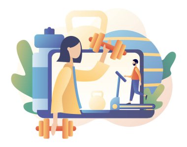 Fitness blogu ve egzersiz uygulaması konsepti. Çevrimiçi koç. Küçük insanlar spor eğitimidir. Aktif yaşam tarzı ve fitness eğitimi. Modern düz çizgi film tarzı. Beyaz arkaplanda vektör illüstrasyonu