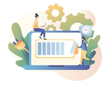 Pil şarjı. Küçük Kullanıcılar, pil performansı ve uzun ömürlü pil. Enerji kaynağı bakımı. Modern düz çizgi film tarzı. Beyaz arkaplanda vektör illüstrasyonu