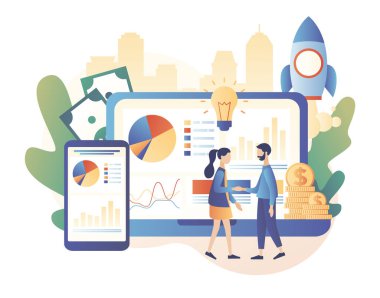 Çevrimiçi iş kavramı. Ufacık insanlar alışverişin sonucuna varıyor. İnternette küresel işbirliği. Yeni bir girişimin açılışı. Modern düz çizgi film tarzı. Beyaz arkaplanda vektör illüstrasyonu