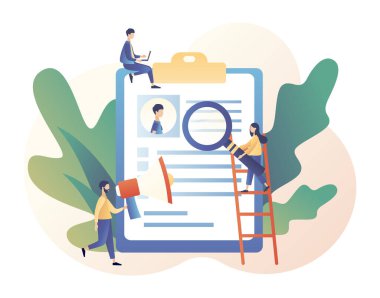 İş bulma ve iş arama konsepti. Kelle avı. Biz kiralıyoruz. Ufak tefek insanlar iş görüşmesine gitti. Modern düz çizgi film tarzı. Beyaz arkaplanda vektör illüstrasyonu