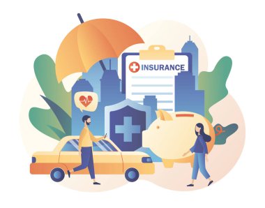 Sigorta konsepti. Emlak ve sağlık sigortası. Sağlık, finans ve sağlık hizmetleri. Modern düz çizgi film tarzı. Beyaz arkaplanda vektör illüstrasyonu