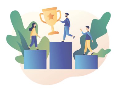 Başarı konsepti. Ödüllü Minik İnsanlar, Cup. İş Takımı Başarı, Başarı Konsepti. Modern düz çizgi film tarzı. Beyaz arkaplanda vektör illüstrasyonu