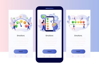 Emotions concept. Mood scale. Tiny people leave feedback. Emoji set for mood tracker. Excellent, good and normal, bad and awful.Screen template for mobile smart phone.Modern flat cartoon style. Vector