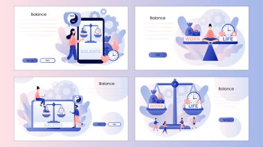 İş ve yaşam dengesi. Kariyer ve para ile aşk ve zaman arasındaki uyumu koru. Cep telefonu, iniş sayfası, şablon, ui, web, mobil uygulama, poster, afiş, el ilanı için ekran şablonu. Vektör