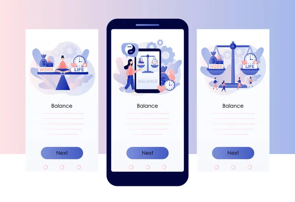 Work-Life-Balance. Winzige Menschen halten die Harmonie zwischen Karriere und Geld gegenüber Liebe und Zeit, Freizeit oder Geschäft aufrecht. Bildschirmvorlage für Mobiltelefone. Moderner flacher Cartoon-Stil. Vektor — Stockvektor