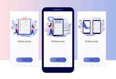 Çevrimiçi araştırma konsepti. Akıllı telefon uygulamasında online anket formunu dolduran küçük insanlar. Geri bildirim servisi. Cep telefonu için ekran şablonu. Modern düz çizgi film tarzı. Vektör illüstrasyonu