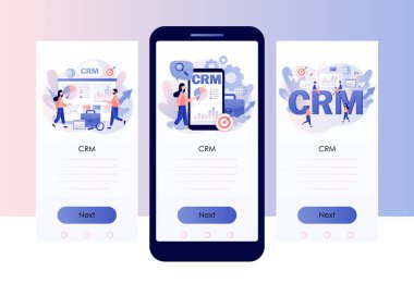 CRM çözeltisi. Müşteri ilişkileri yönetim konsepti. İş stratejisi. Küçük işadamı veri analizi yapar. Akıllı cep telefonu için bir şablon oluşturur. Modern düz çizgi film tarzı. Vektör illüstrasyonu