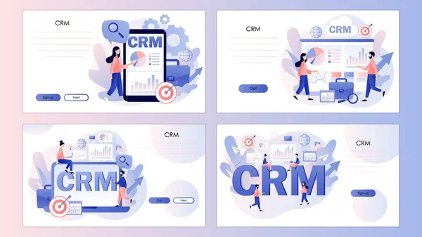 Solución CRM. Concepto de gestión de relaciones con clientes. Estrategia de negocios. Plantilla de pantalla para teléfono inteligente móvil, landing page, plantilla, ui, web, aplicación móvil, póster, banner, volante. Vector — Vector de stock