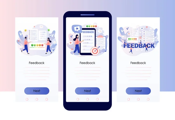 Conceito de feedback. Pesquisa de clientes, revisão e opinião. Clientes minúsculos deixam feedback no serviço online. Modelo de tela para telefone inteligente móvel. Estilo de desenho animado plano moderno. Ilustração vetorial — Vetor de Stock