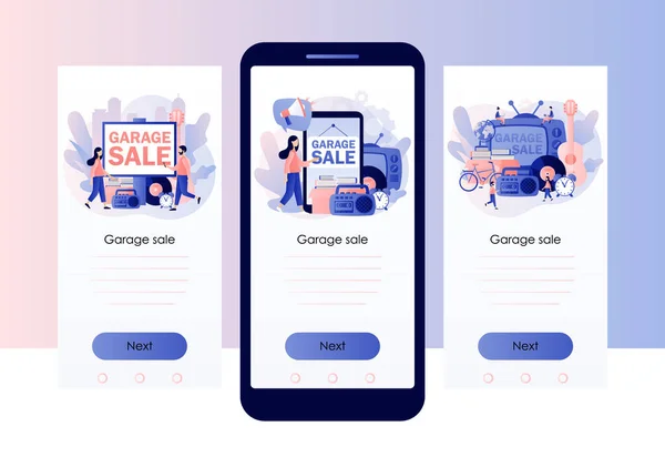 ガレージセール。フリーマーケットオンラインヤード販売。小さな売り手と顧客。ヴィンテージグッズやラグフェア。バザーだ。携帯電話用の画面テンプレート。現代のフラット漫画スタイル。ベクターイラスト — ストックベクタ