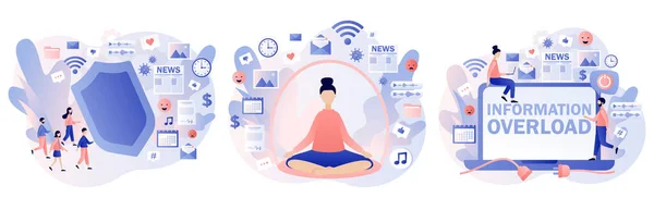 Bilgi detoksu. Bilgi aşırı yükleme kavramı. Küçük insanlar kendilerini gereksiz bilgilerden korurlar. Dijital detoks ve meditasyon. Modern düz çizgi film tarzı. Beyaz arkaplanda vektör illüstrasyonu