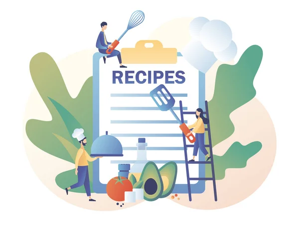 Receitas online. Ingredientes lista conceito. Profissional chef segurando prato. Pessoas minúsculas ler livro de receitas e ook em hef ap. Estilo de desenho animado plano moderno. Ilustração vetorial sobre fundo branco —  Vetores de Stock