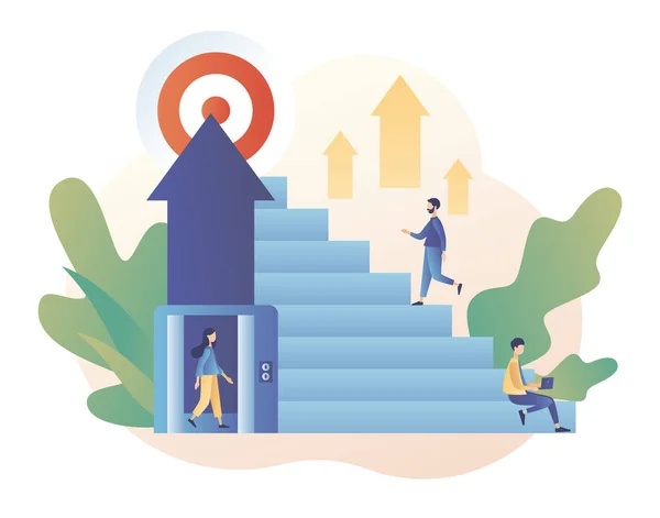 Efforts to achieve target. The metaphor different ways to achieve the goal. Tiny people choose a ladder or an elevator to success. Modern flat cartoon style. Vector illustration on white background — Stock Vector
