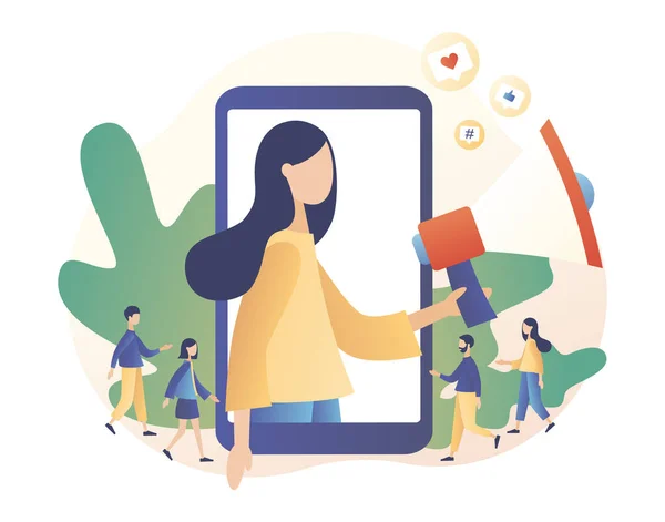 Influence des médias sociaux. Leader d'opinion clé. SMM. Blogueuse fille avec mégaphone et personnes minuscules adeptes. Influencer le public. Style de dessin animé plat moderne. Illustration vectorielle sur fond blanc — Image vectorielle