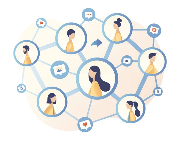 Social Networking. Share concept. Social media. Tiny people communicate sharing data, photos, links, posts and news in social networks. Modern flat cartoon style. Vector illustration — Stock Vector
