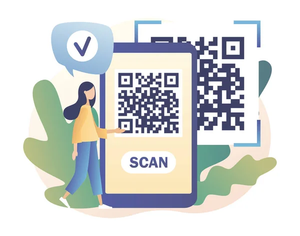 Conceito de digitalização de código QR. Menina minúsculo código de varredura usando smartphone. Estilo de desenho animado plano moderno. Ilustração vetorial sobre fundo branco — Vetor de Stock