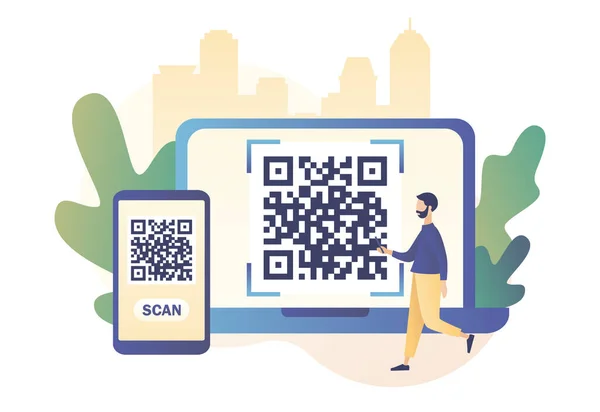 QR Code scanning concept. Kleine mannelijke scancode met smartphone en laptop. Moderne platte cartoon stijl. Vector illustratie op witte achtergrond — Stockvector