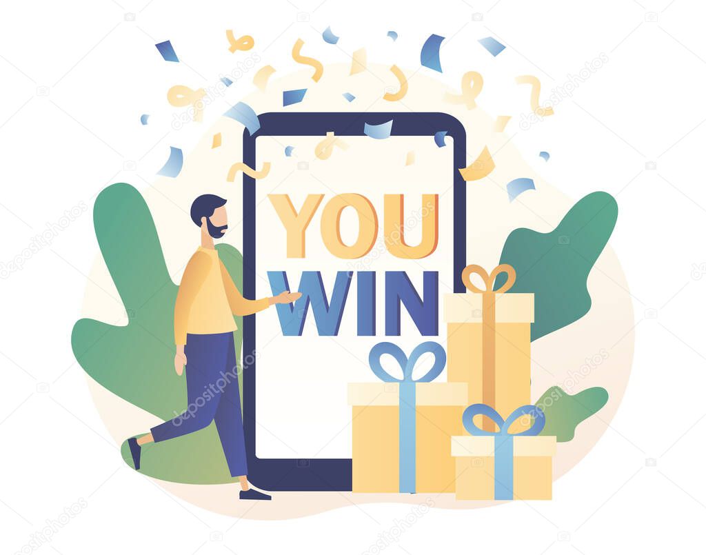 You Win text on screen smartphone. Congrats winner on falling down confetti background. Modern flat cartoon style. Vector illustration on white background