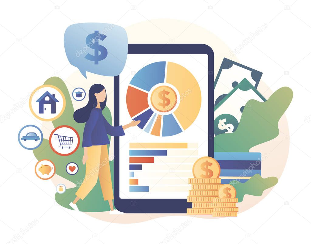 Budget management app. Personal financial control. Cash flow. Tiny woman manages the personal budget. Modern flat cartoon style. Vector illustration on white background