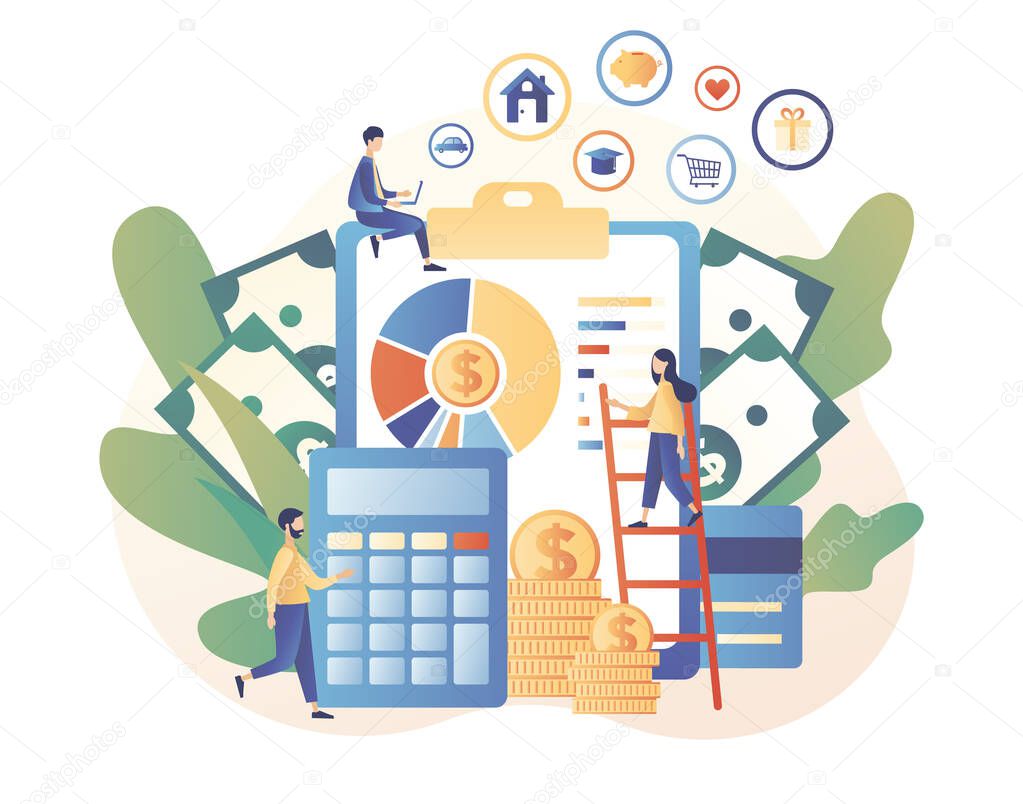 Budget management. Personal financial control. Financial literacy. Cash flow. Tiny people is planning the personal budget. Modern flat cartoon style. Vector illustration on white background