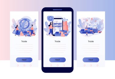 İthalat ve ihracat konsepti. Küresel ticaret Lojistik işi. Ufacık insanlar iş adamı dünya çapında mal ve hizmet satıyor. Mobil, akıllı telefon uygulaması için ekran şablonu. Modern düz çizgi film tarzı. Vektör