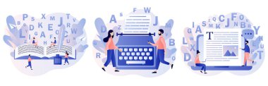 Professional writer, author, redactor, journalist, copywriter, content manager, blogger. Tiny creative people typing or write text. Modern flat cartoon style. Vector illustration on white background clipart