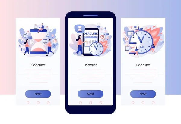 Teslim tarihi konsepti. Zaman yönetimi ve verimlilik. Küçük insanlar iş akışını organize eder, etkili zaman harcamaları. Takım çalışması. Mobil, akıllı telefon uygulaması için ekran şablonu. Modern düz çizgi film tarzı. Vektör
