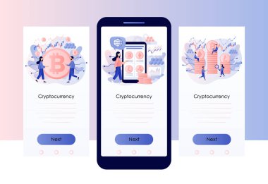 Şifreli para birimi. Bitcoin, altcoin. Dijital ağ parası. Engelleme zinciri. Fintech endüstrisi. İş, finans, ticaret. Mobil, akıllı telefon uygulaması için ekran şablonu. Modern düz çizgi film tarzı. Vektör