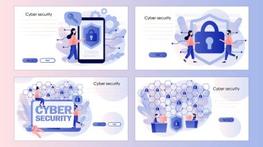 Siber güvenlik. Küresel ağ güvenliği. Veri koruması. Bilgisayar hizmetleri ve elektronik bilgiler. İniş sayfası, şablon, ui, web, mobil uygulama, poster, afiş, el ilanı için ekran şablonu. Vektör