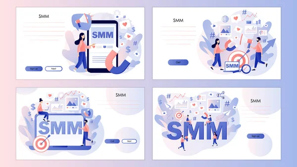 SMM concept. Digital marketing, online advertising. Tiny people work social media managers. Screen template for landing page, template, ui, web, mobile app, poster, banner, flyer. Vector illustration