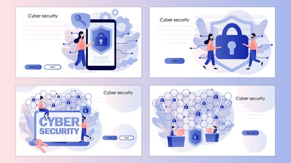 Siber güvenlik. Küresel ağ güvenliği. Veri koruması. Bilgisayar hizmetleri ve elektronik bilgiler. İniş sayfası, şablon, ui, web, mobil uygulama, poster, afiş, el ilanı için ekran şablonu. Vektör