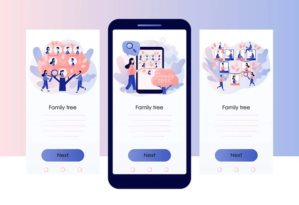 家族の木。系図。血統だ。小さい人祖父母親子供。親戚の接続データの例。モバイル、スマートフォンアプリ用の画面テンプレート。現代のフラット漫画スタイル。ベクトル — ストックベクタ