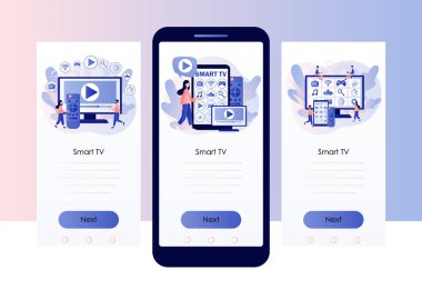 Akıllı televizyon. Modern televizyon teknolojisi. Küçük insanlar video, içerik, multimedya TV 'deki uygulamaları izliyor. Mobil, akıllı telefon uygulaması için ekran şablonu. Modern düz çizgi film tarzı. Vektör illüstrasyonu
