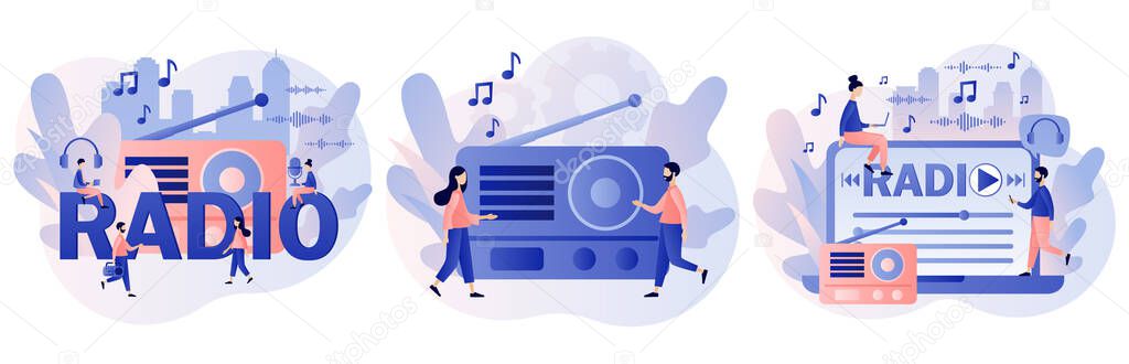 Radio On-air. Tiny people listening boombox, audio, music, talk show, interviews of guest online. Retro old radio. Modern flat cartoon style. Vector illustration on white background