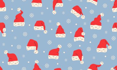 Noel Baba şapkasıyla kusursuz desen. Noel Baba şapkası. Aziz Nicolas şapkaları. Noel ve yeni yıl geçmişi. El çizimi düz vektör