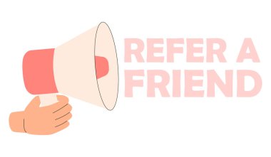 Hoparlörü ya da megafonu tut. Arkadaş kavramına atıfta bulun. Pazarlama yönlendirme programı. Özel teklif duyurusu.