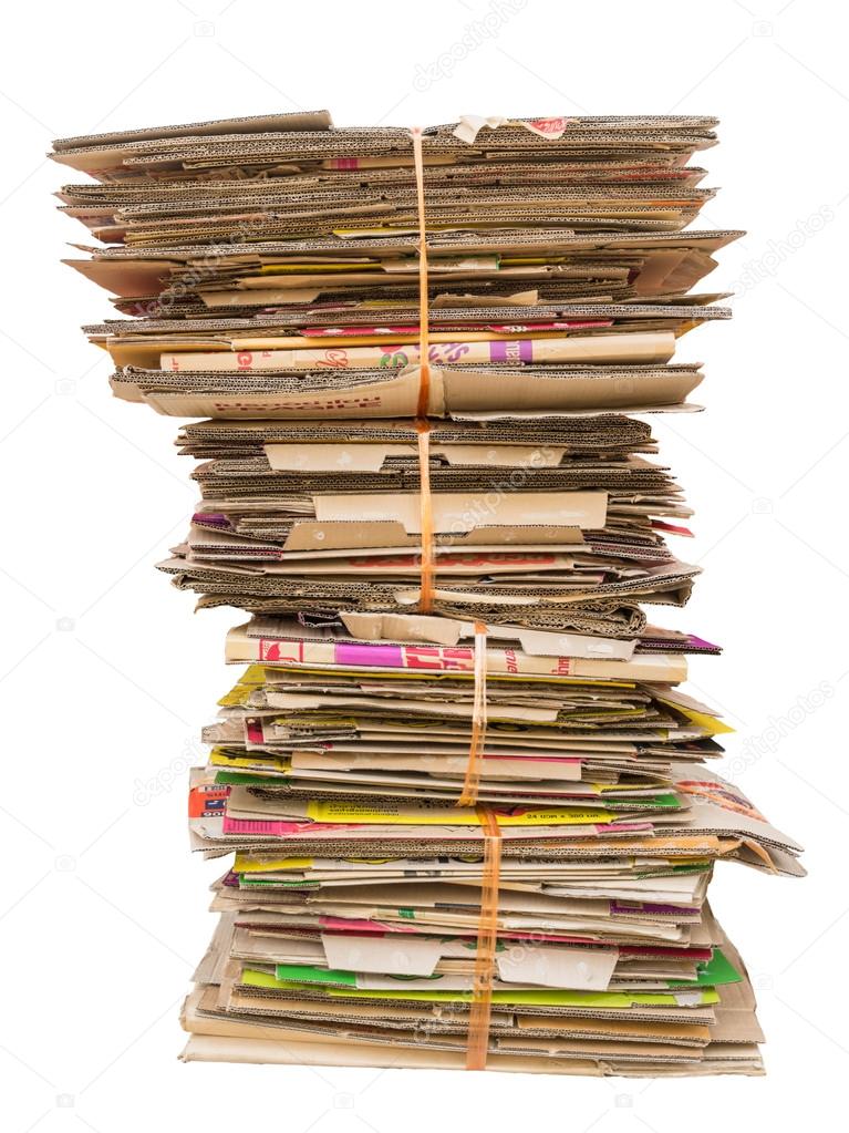 Pile of old cardboard boxes for recycling on white background