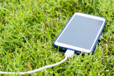 Yeşil çimenlerin üzerinde akıllı telefon